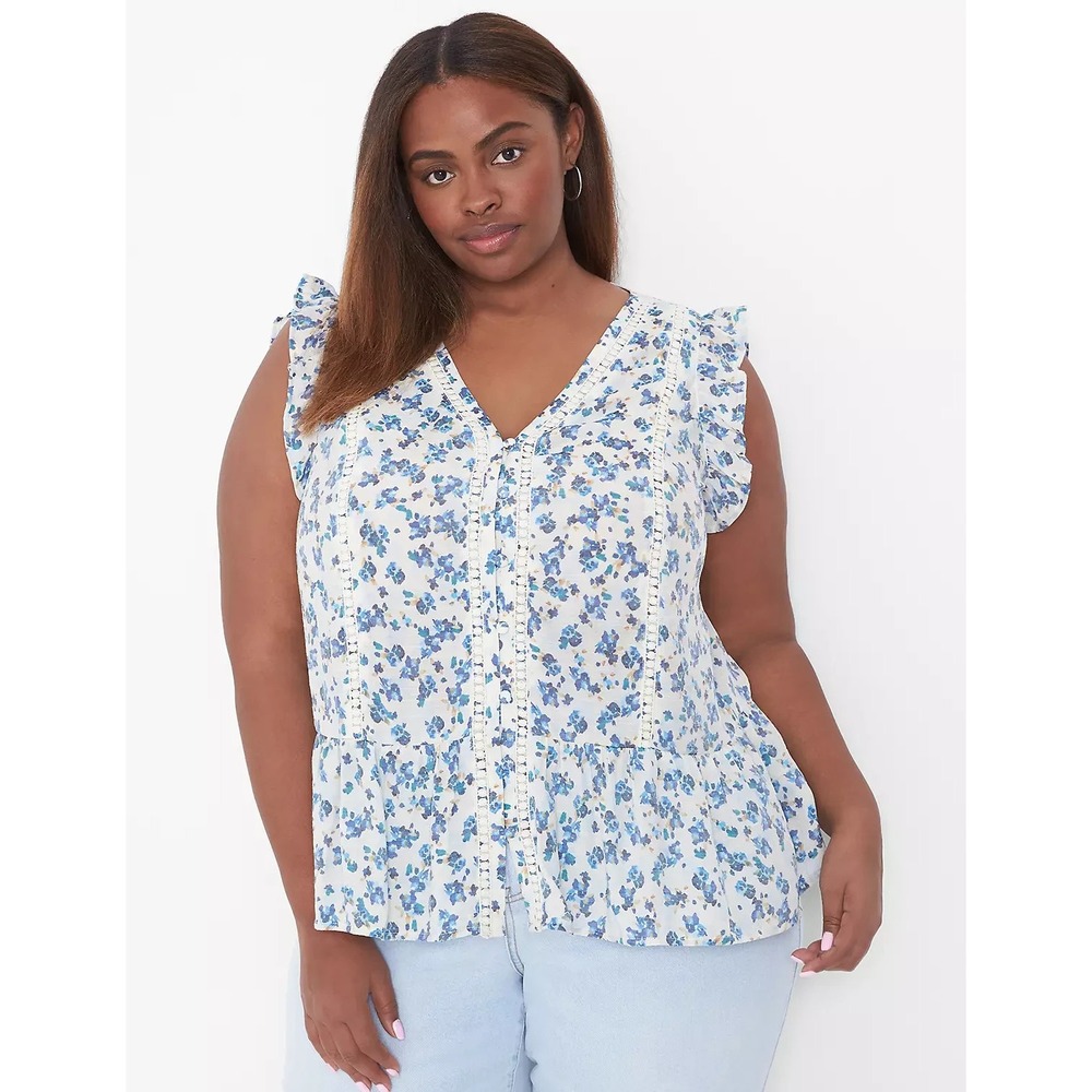 Lane Bryant Floral Ruffle Sleeve‎ Button Down Top Blouse Sleeveless Plus Sz 24